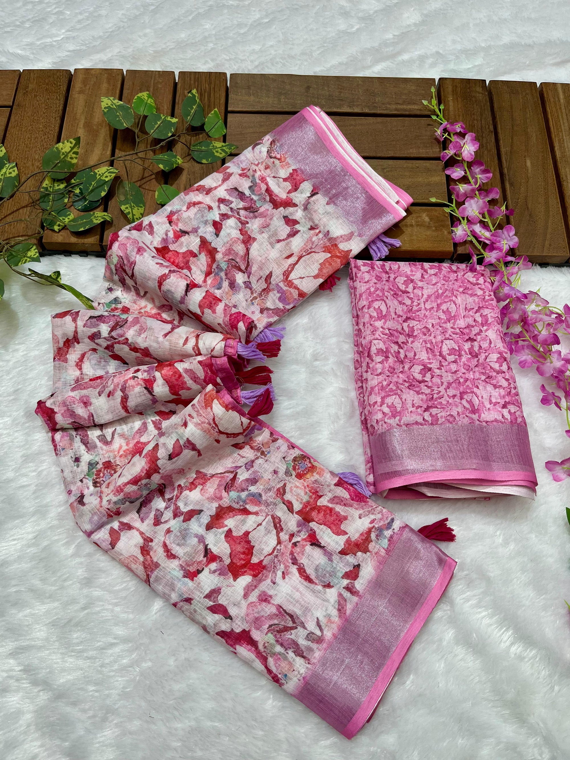 Multicolor Linen Cotton Saree with Floral Digital Prints