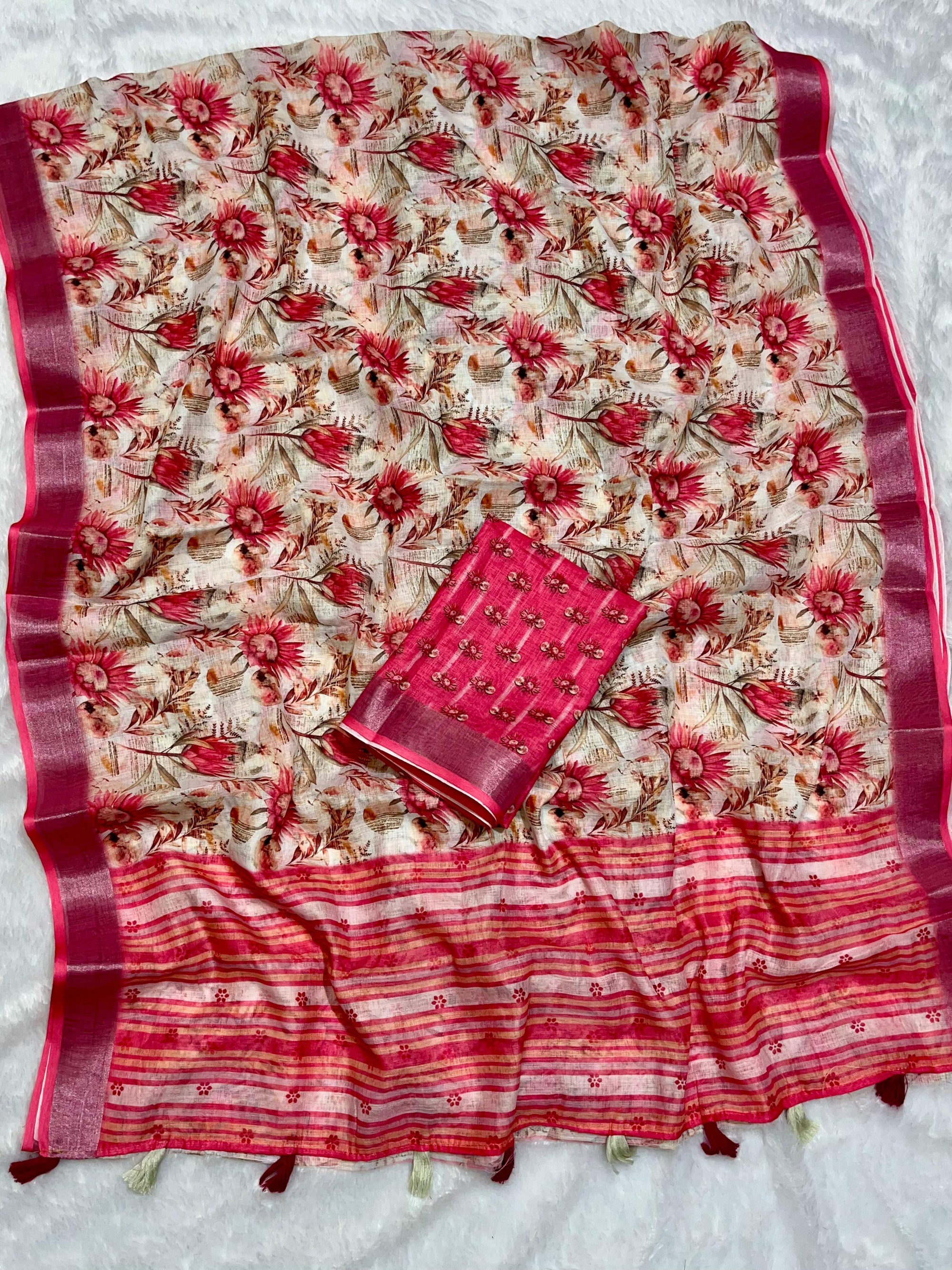 Multicolor Linen Cotton Saree with Floral Digital Prints