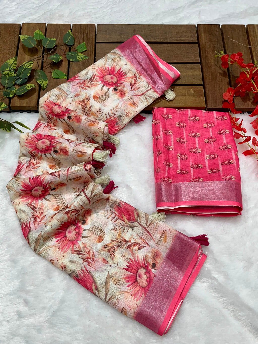 Multicolor Linen Cotton Saree with Floral Digital Prints