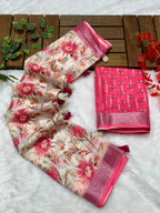 Multicolor Linen Cotton Saree with Floral Digital Prints