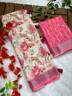 Multicolor Linen Cotton Saree with Floral Digital Prints