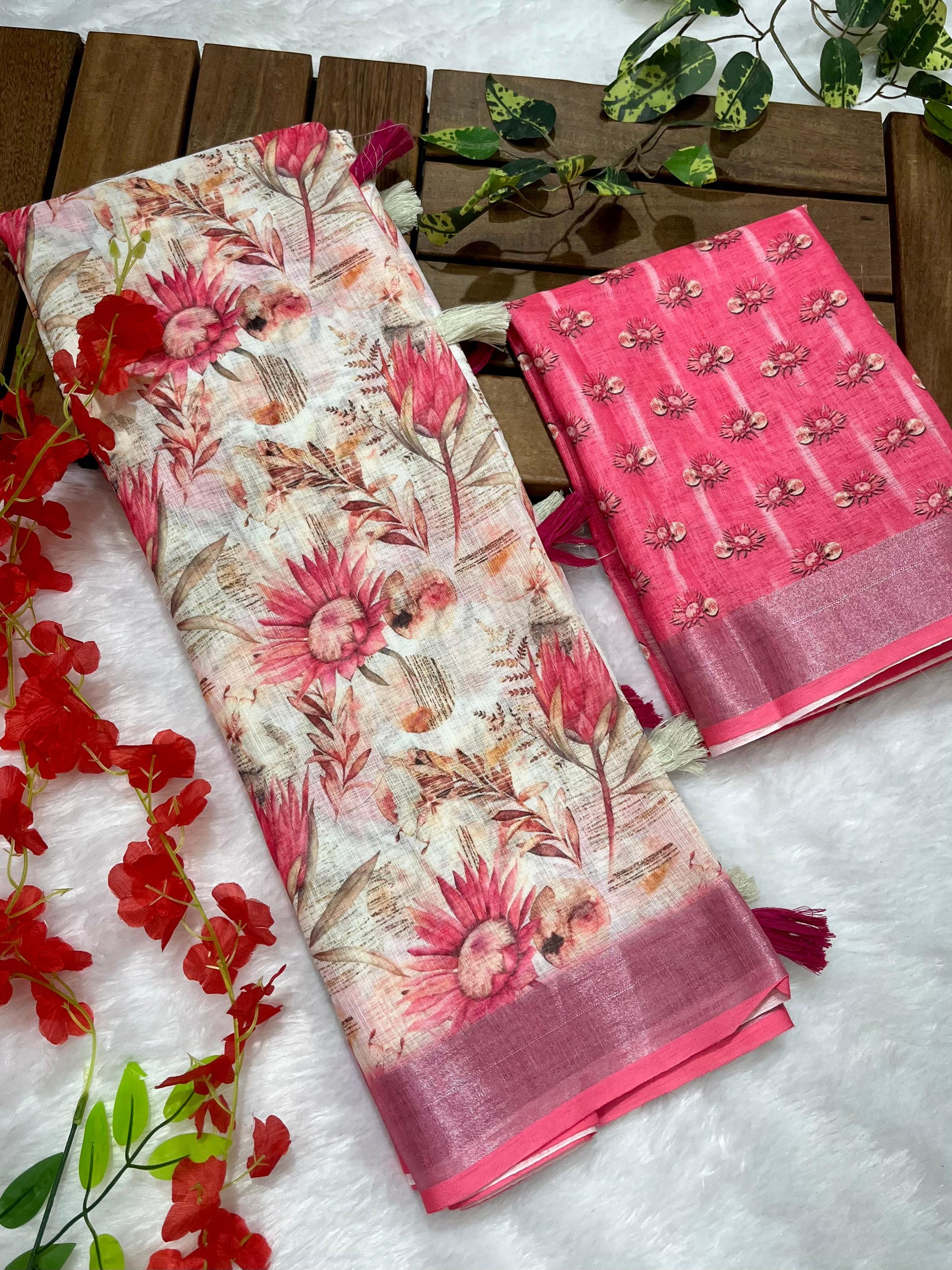 Multicolor Linen Cotton Saree with Floral Digital Prints