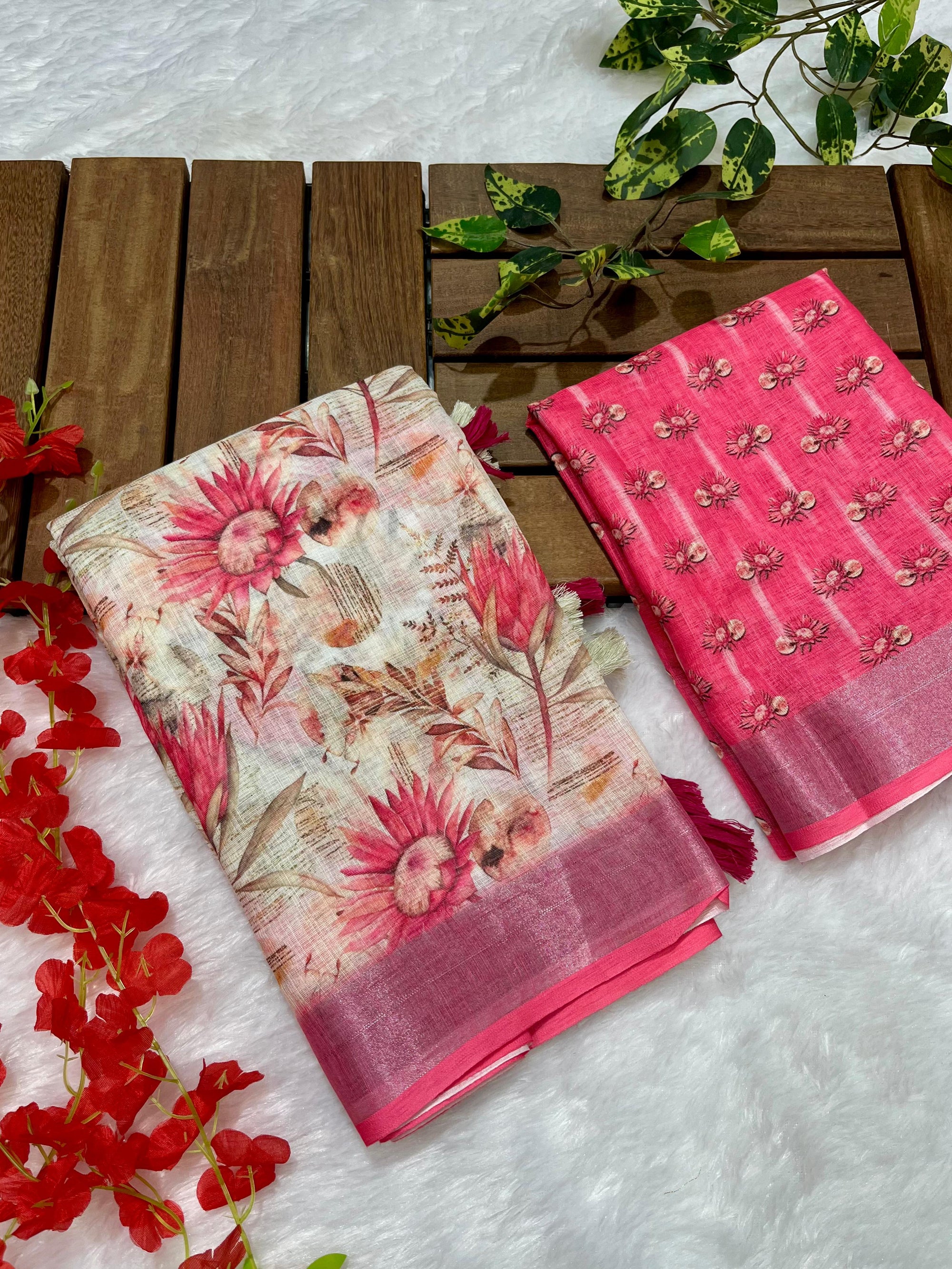 Multicolor Linen Cotton Saree with Floral Digital Prints