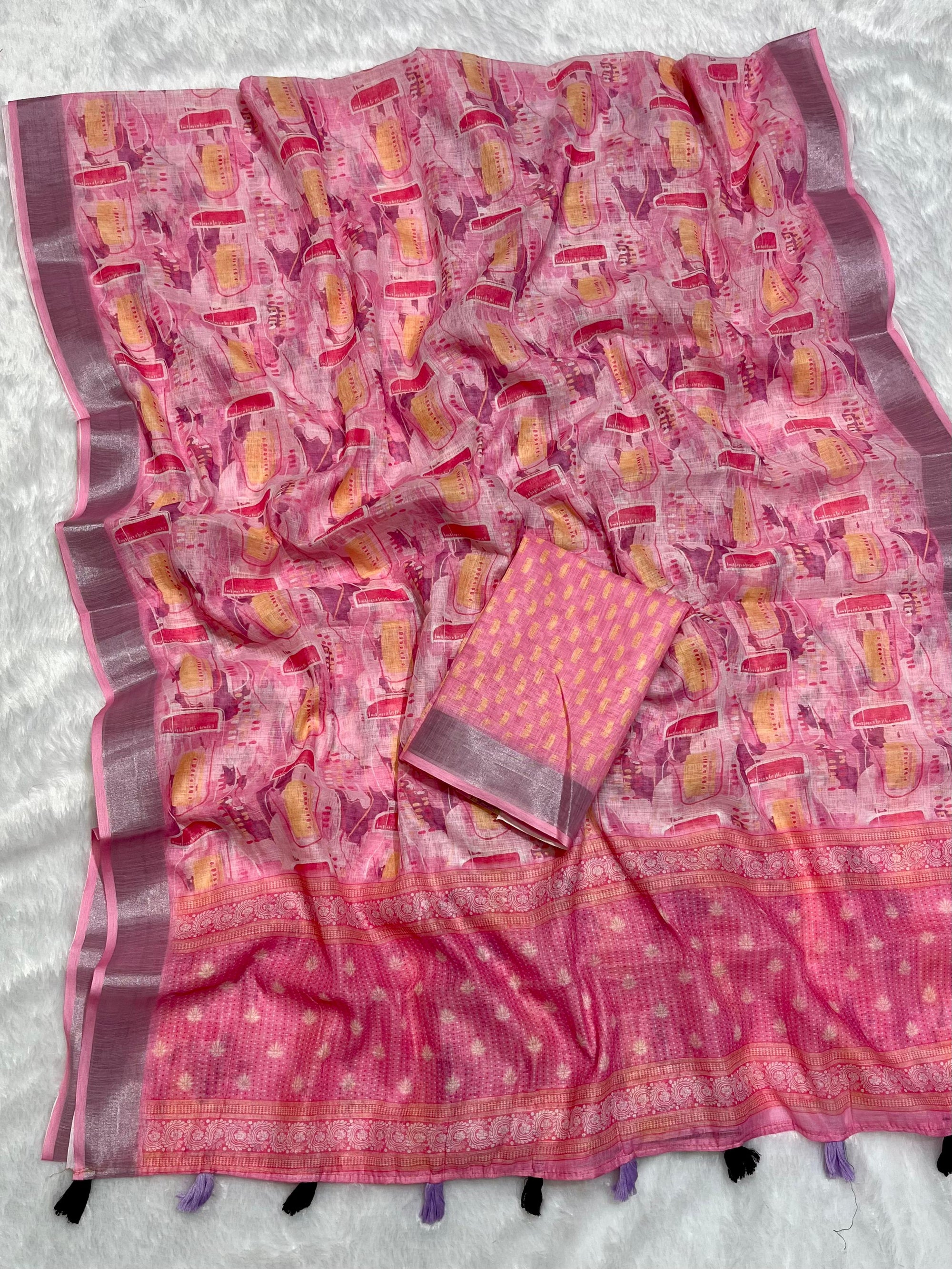 Multicolor Linen Cotton Saree with Floral Digital Prints