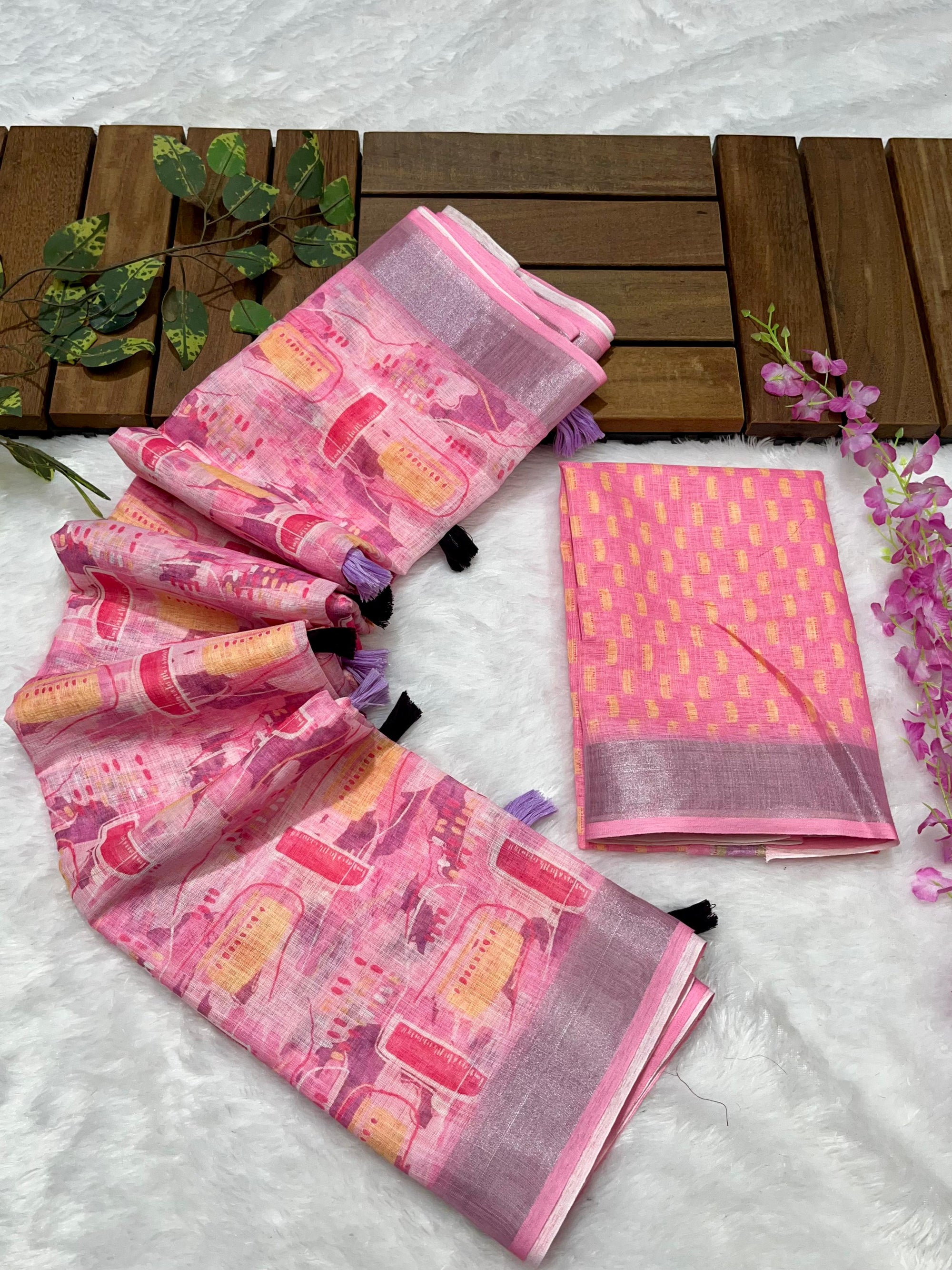 Multicolor Linen Cotton Saree with Floral Digital Prints