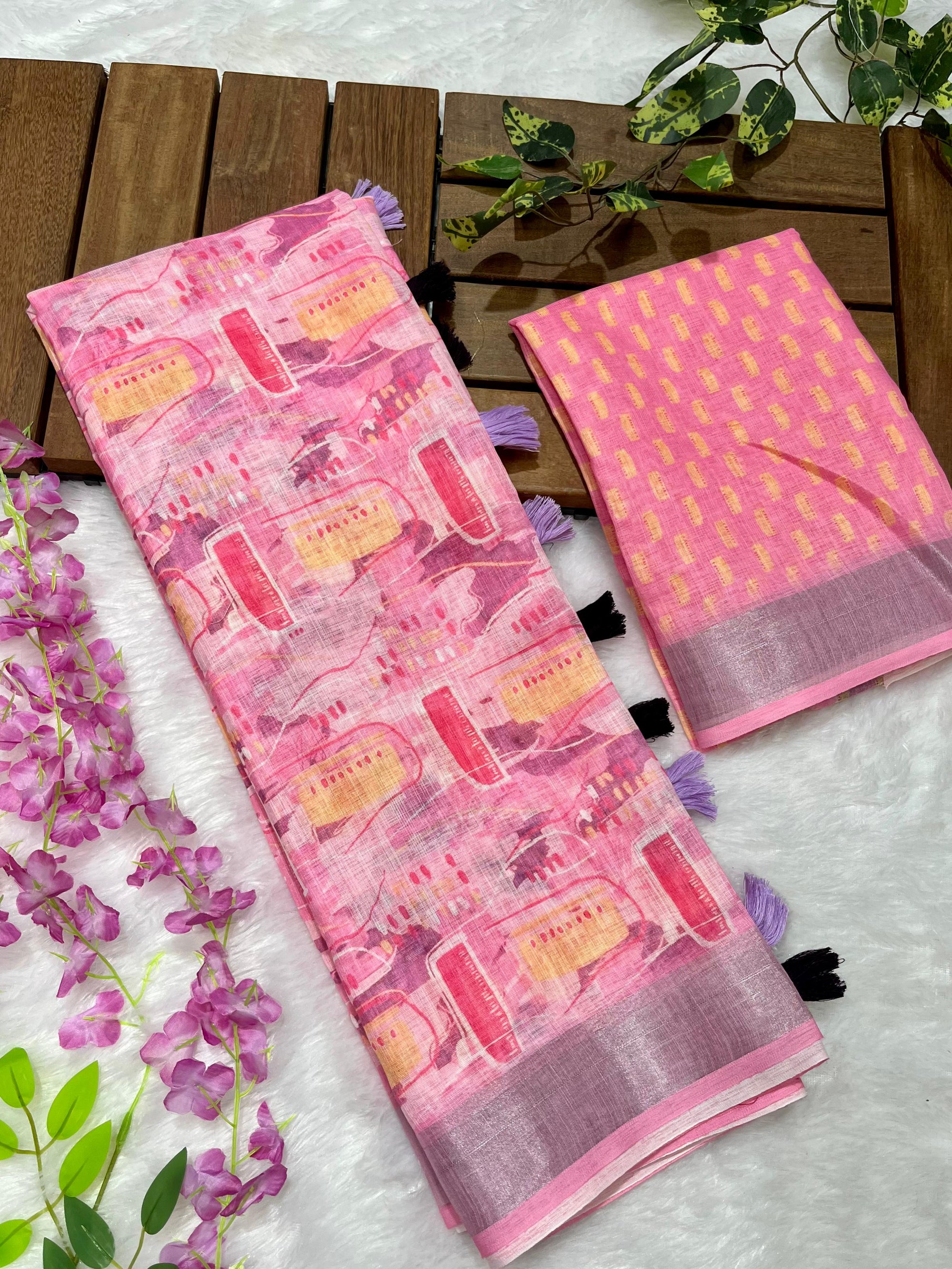 Multicolor Linen Cotton Saree with Floral Digital Prints