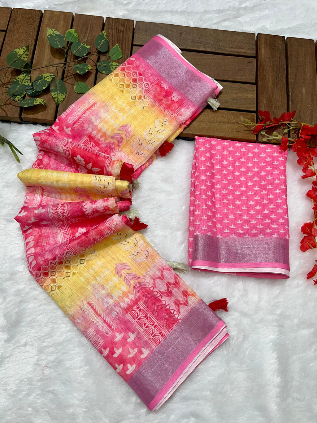 Multicolor Linen Cotton Saree with Floral Digital Prints