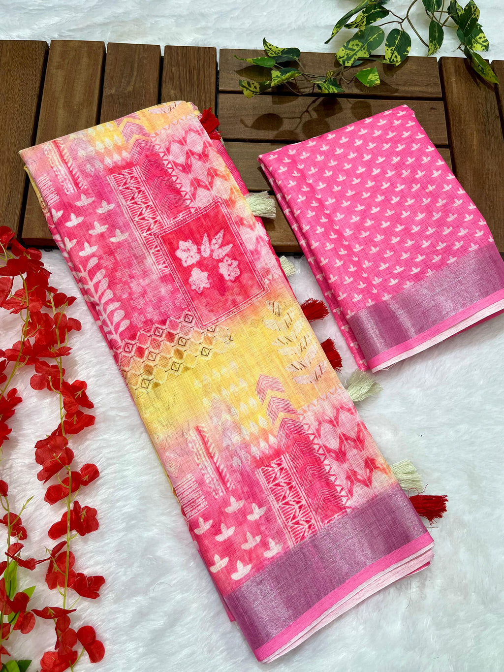 Multicolor Linen Cotton Saree with Floral Digital Prints