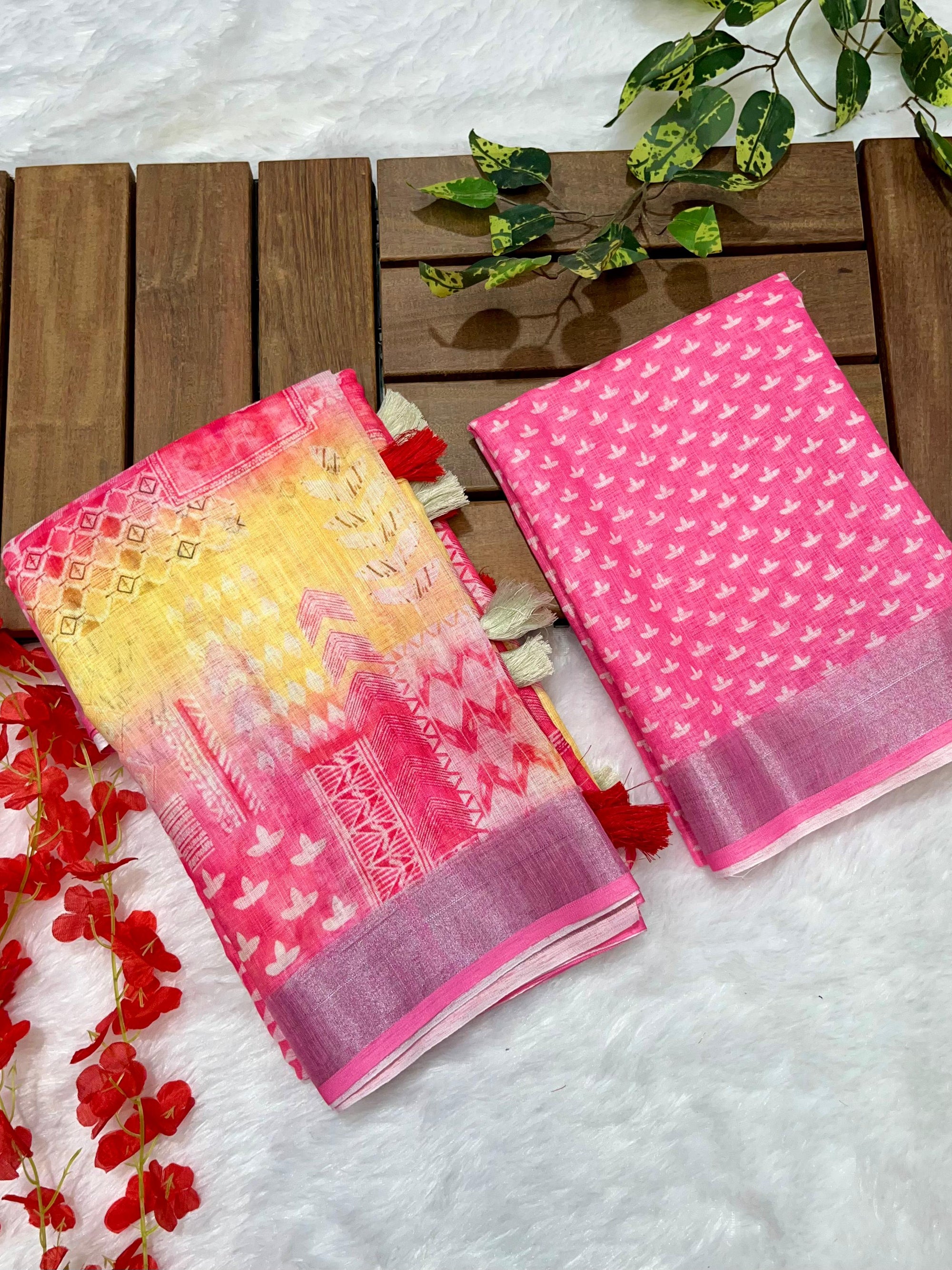 Multicolor Linen Cotton Saree with Floral Digital Prints