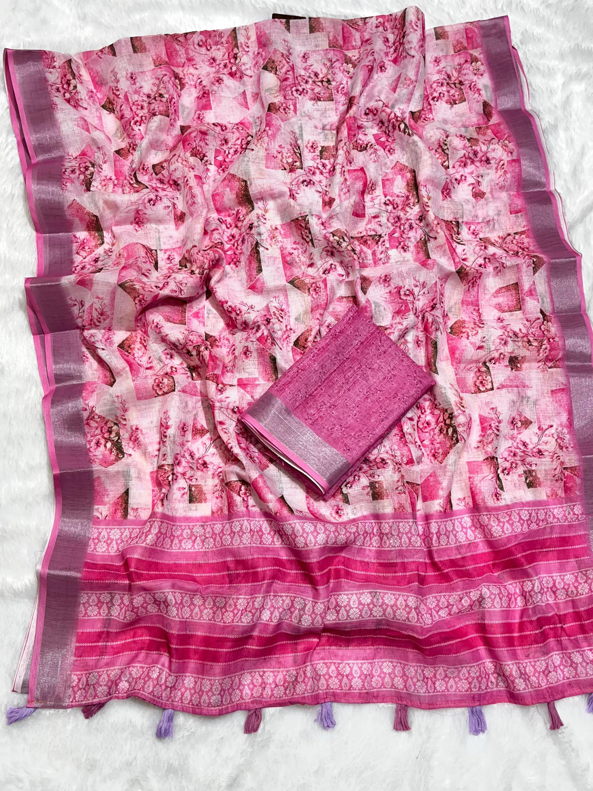 Multicolor Linen Cotton Saree with Floral Digital Prints