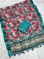Multicolor Linen Cotton Saree with Floral Digital Prints