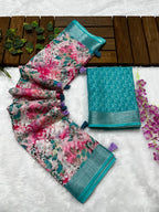 Multicolor Linen Cotton Saree with Floral Digital Prints