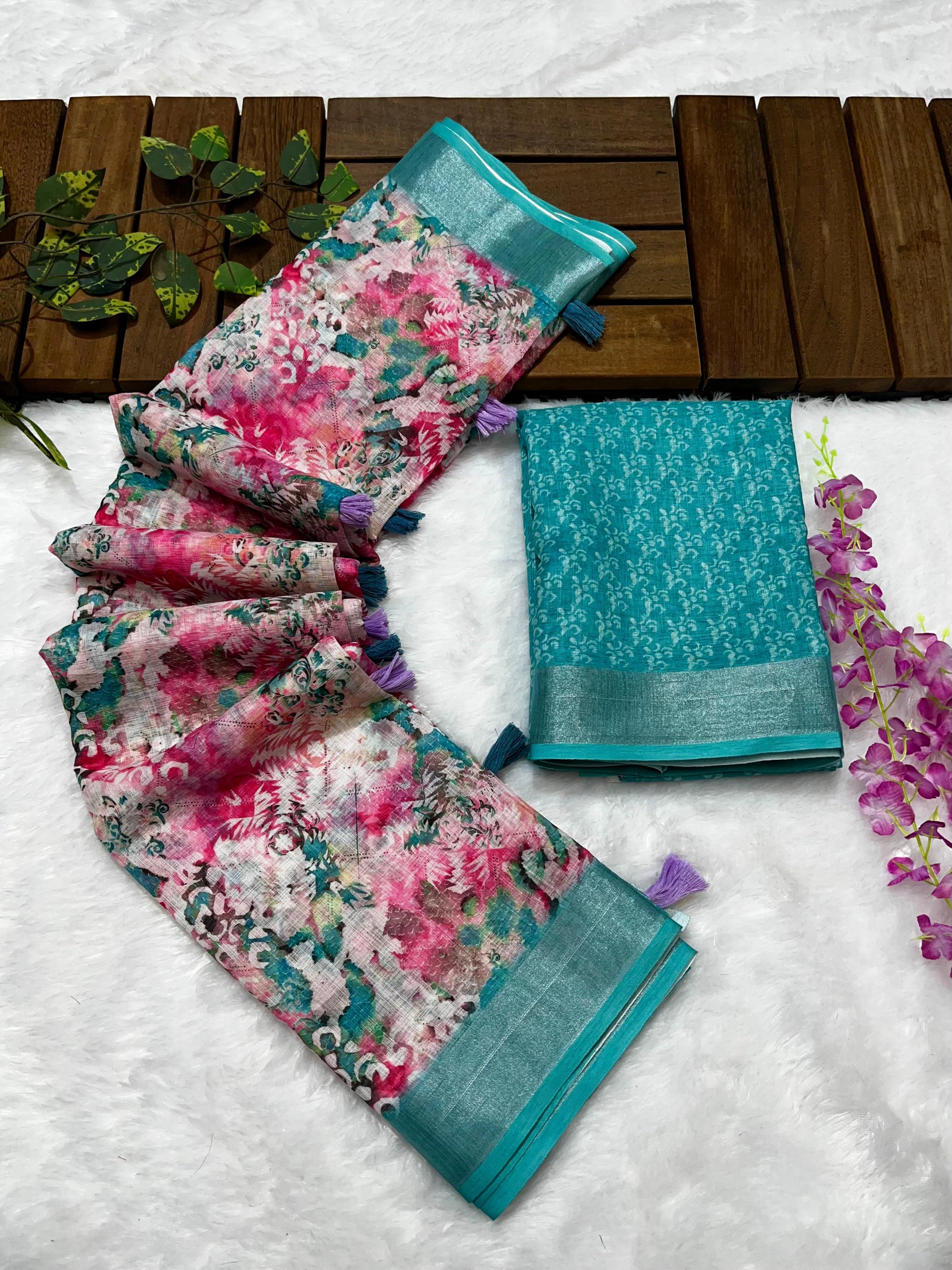 Multicolor Linen Cotton Saree with Floral Digital Prints