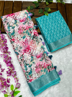 Multicolor Linen Cotton Saree with Floral Digital Prints