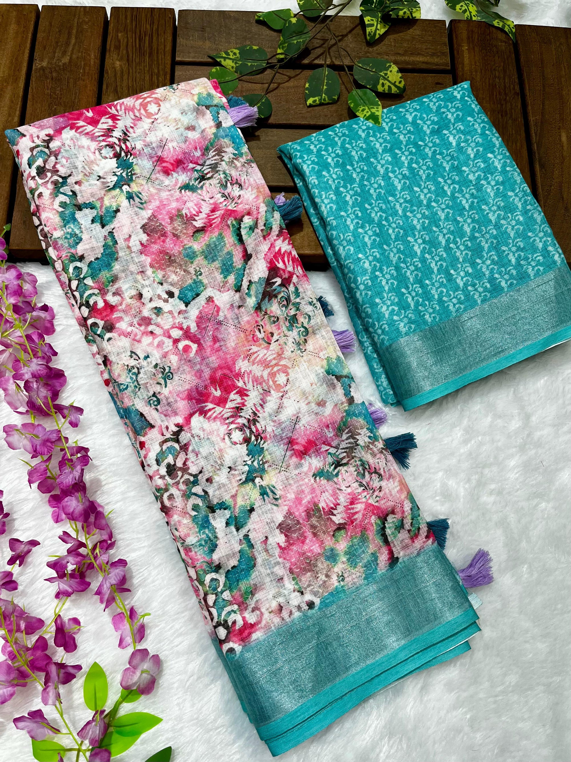 Multicolor Linen Cotton Saree with Floral Digital Prints