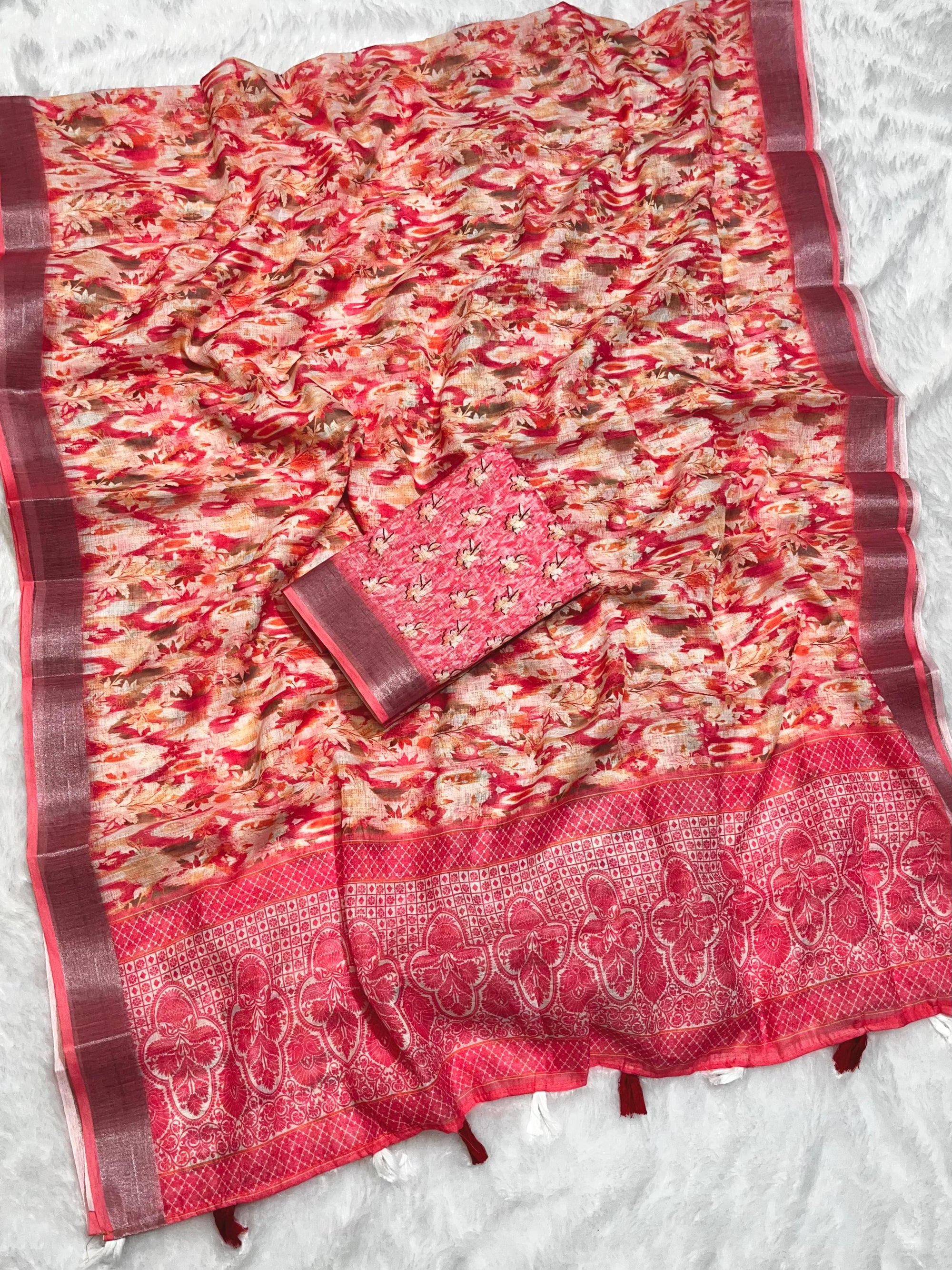 Multicolor Linen Cotton Saree with Floral Digital Prints