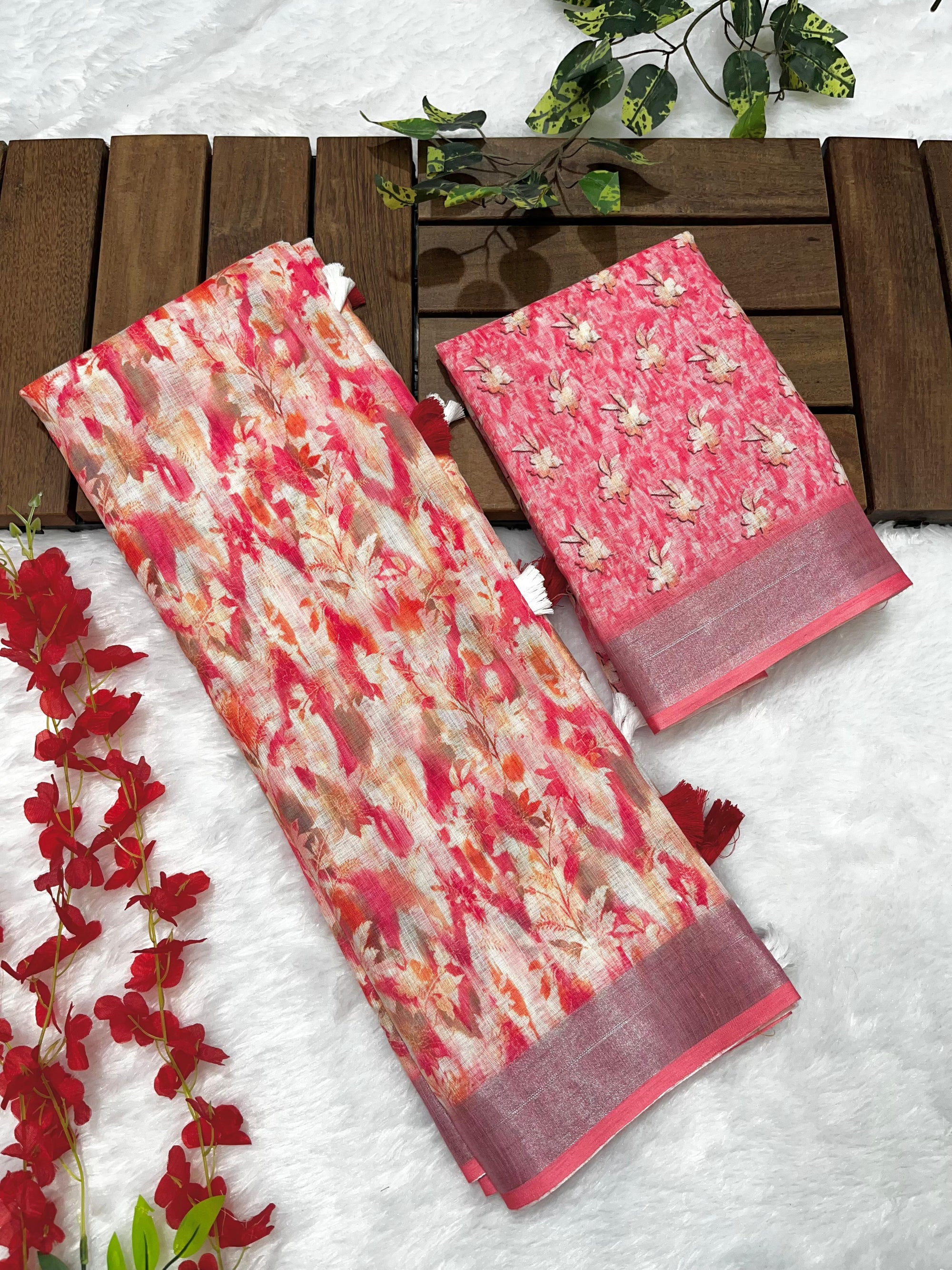 Multicolor Linen Cotton Saree with Floral Digital Prints