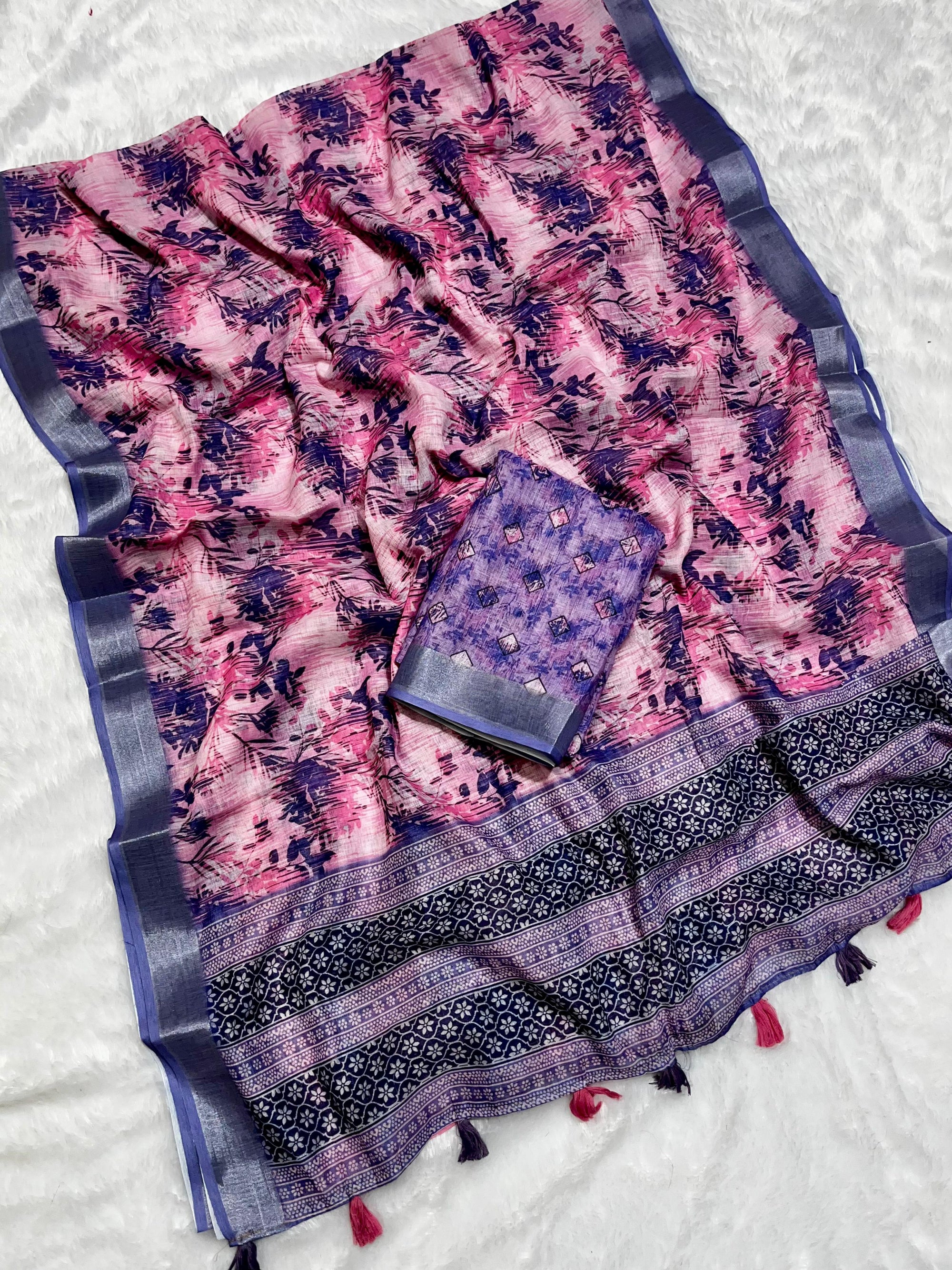 Multicolor Linen Cotton Saree with Floral Digital Prints