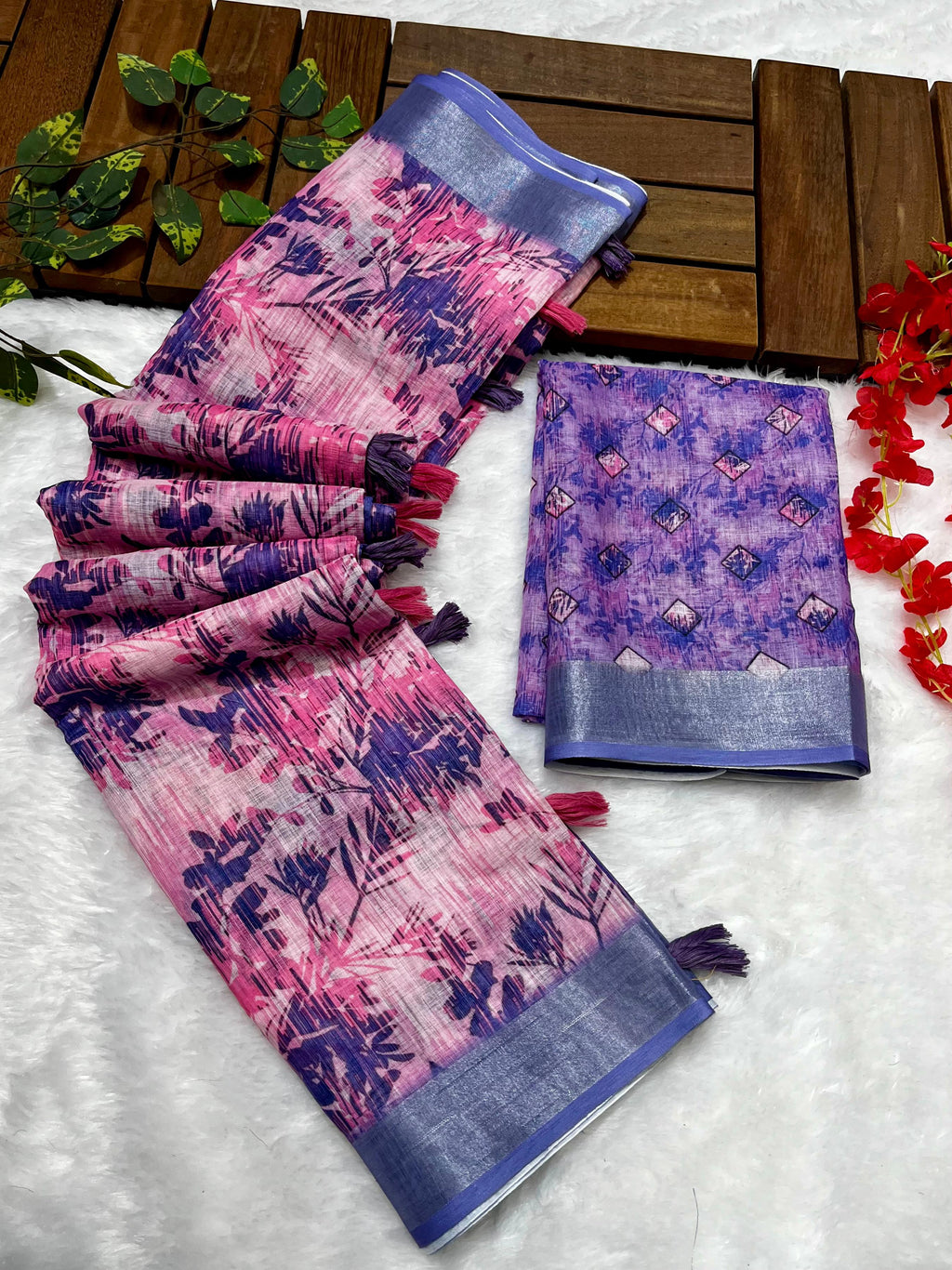 Multicolor Linen Cotton Saree with Floral Digital Prints