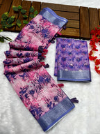 Multicolor Linen Cotton Saree with Floral Digital Prints
