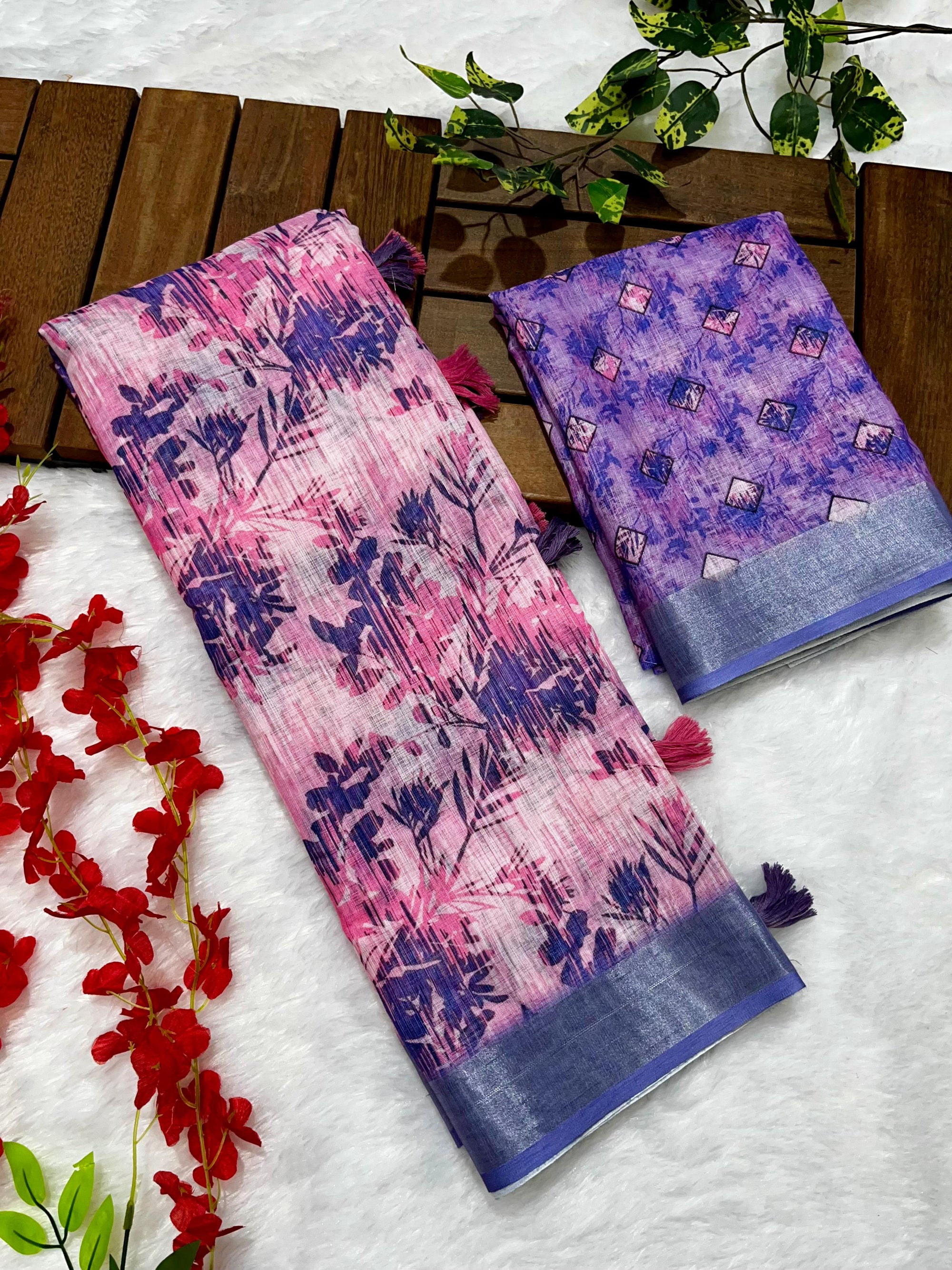 Multicolor Linen Cotton Saree with Floral Digital Prints