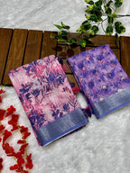 Multicolor Linen Cotton Saree with Floral Digital Prints