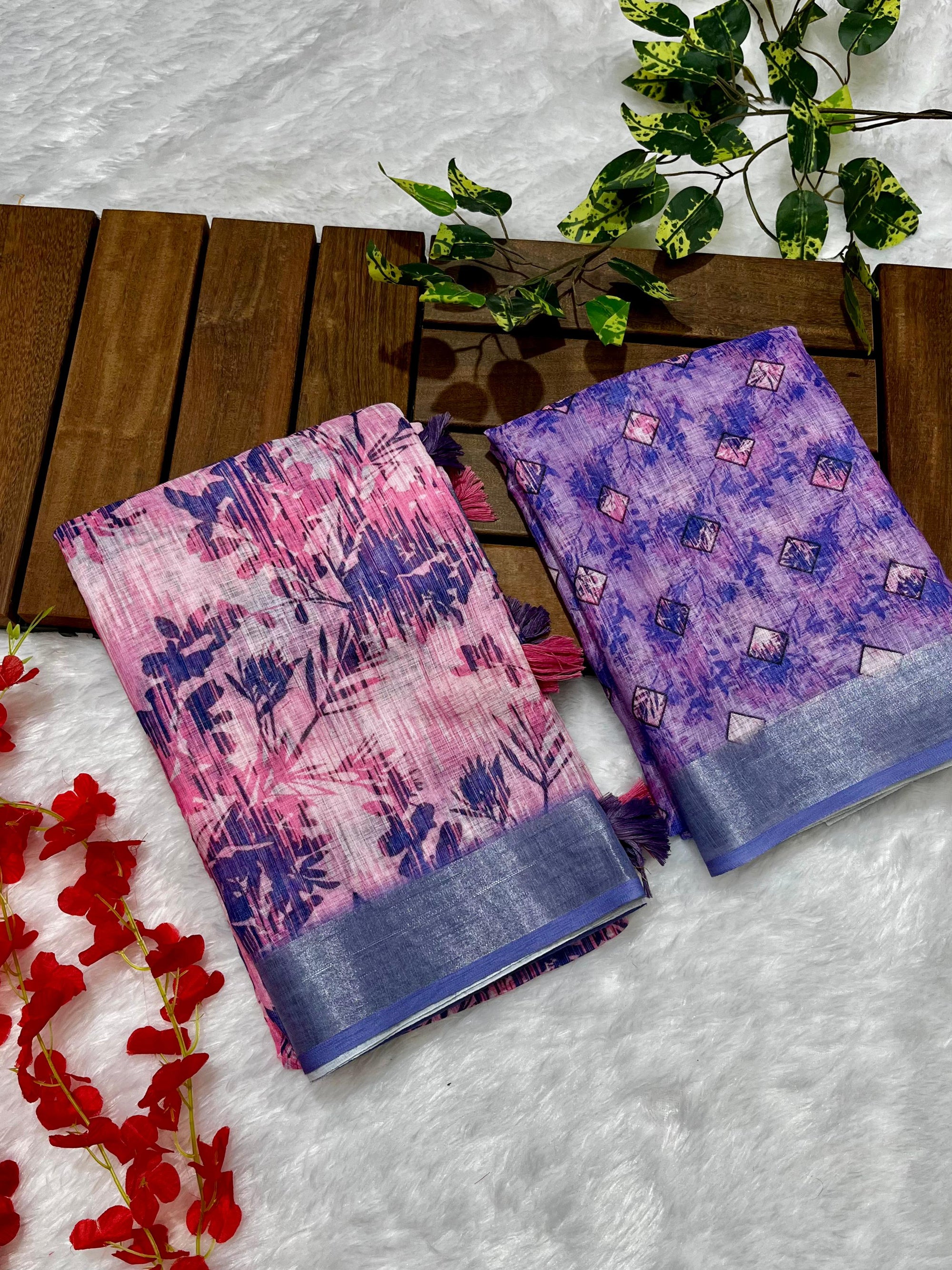 Multicolor Linen Cotton Saree with Floral Digital Prints