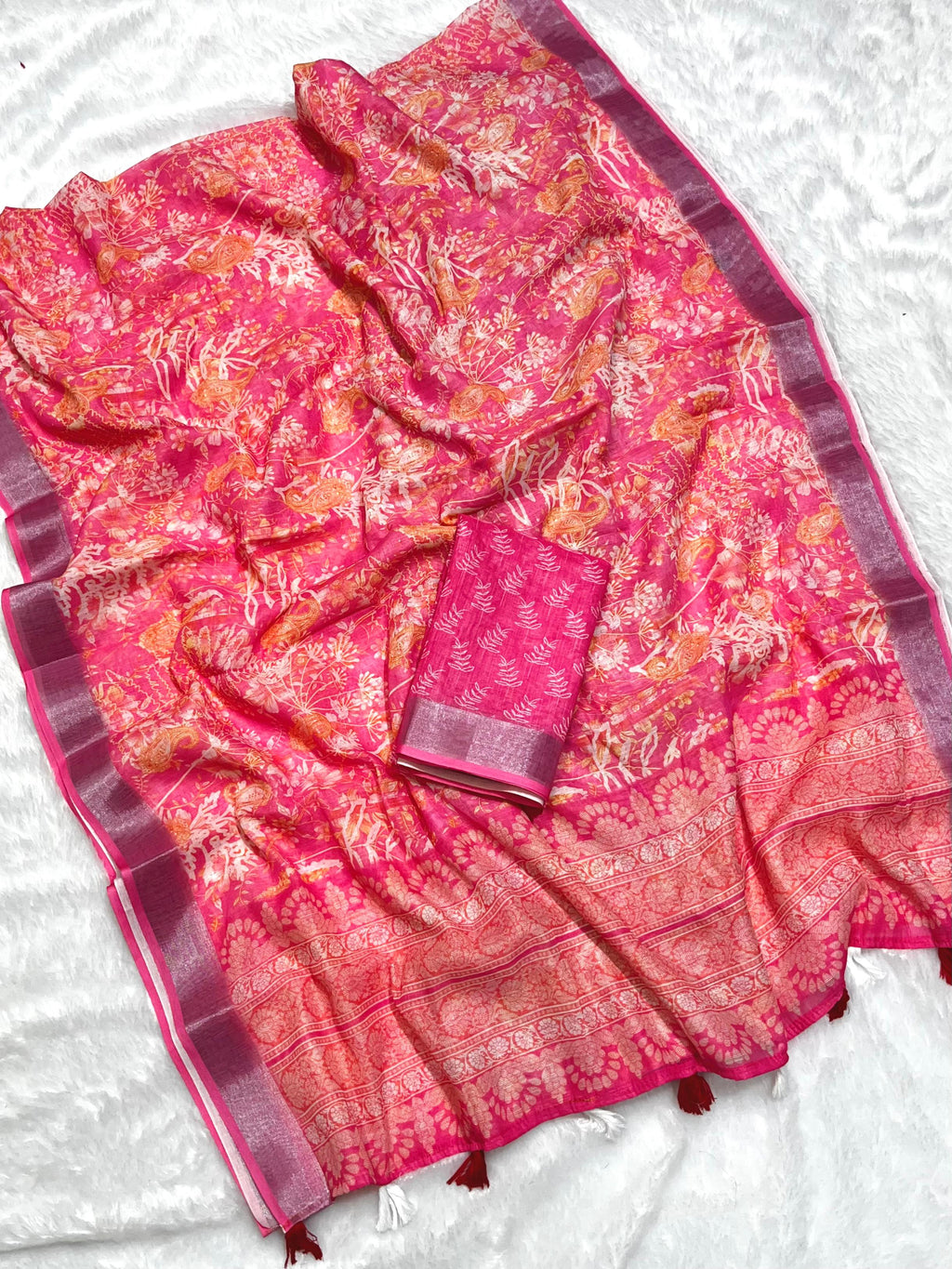 Multicolor Linen Cotton Saree with Floral Digital Prints