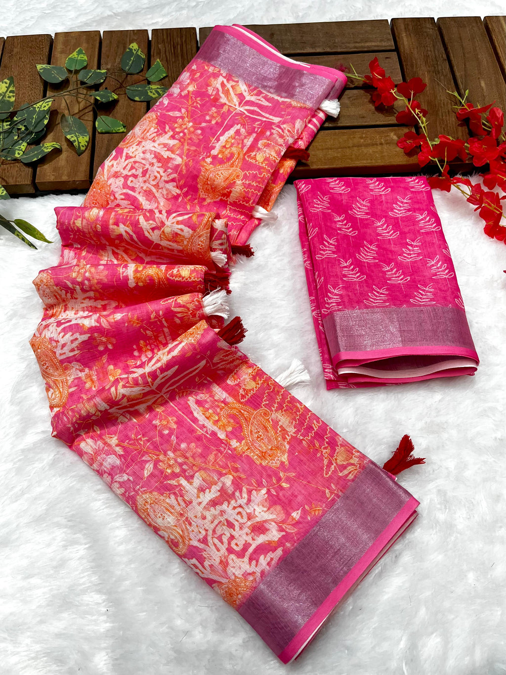 Multicolor Linen Cotton Saree with Floral Digital Prints