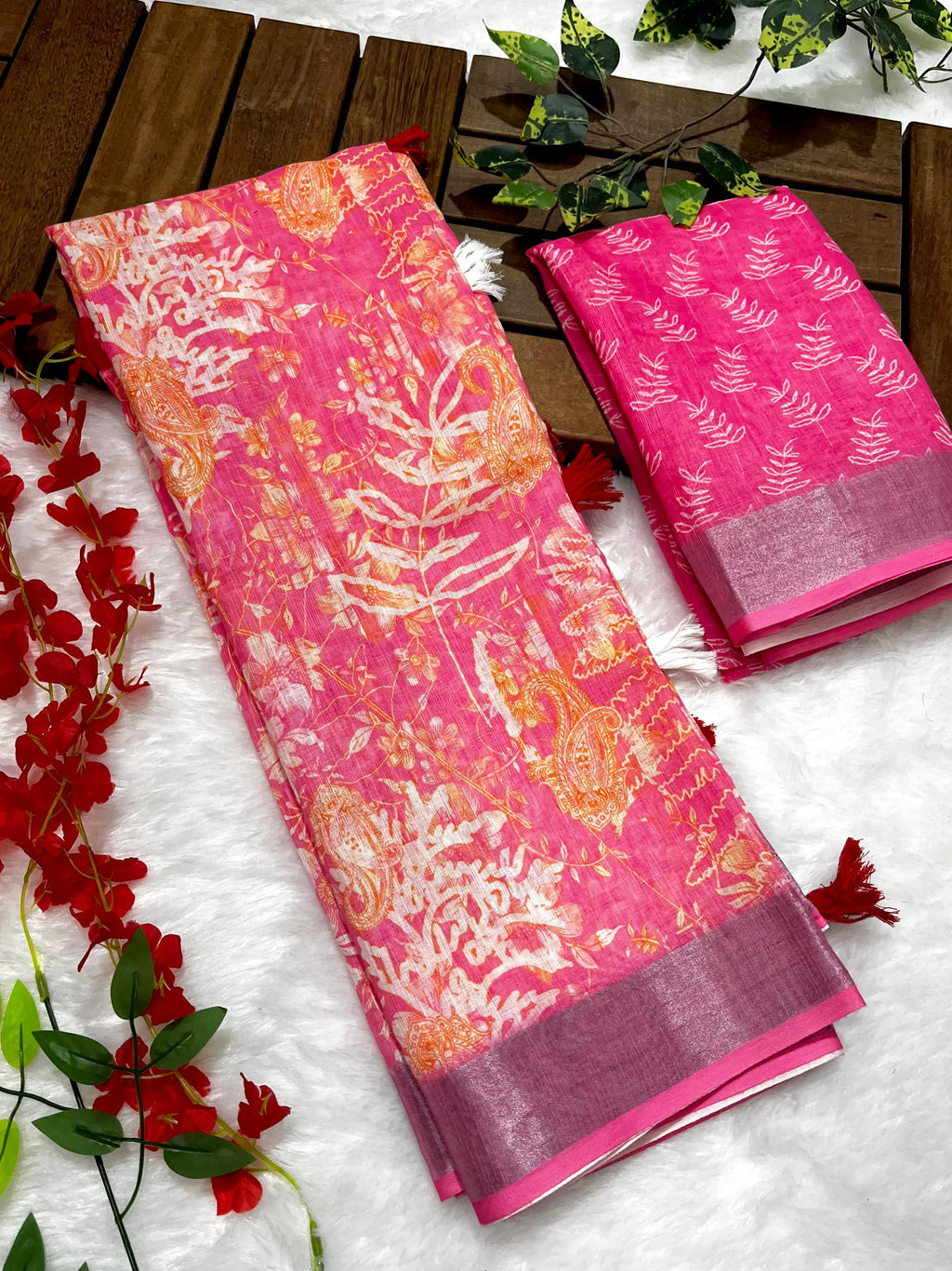Multicolor Linen Cotton Saree with Floral Digital Prints