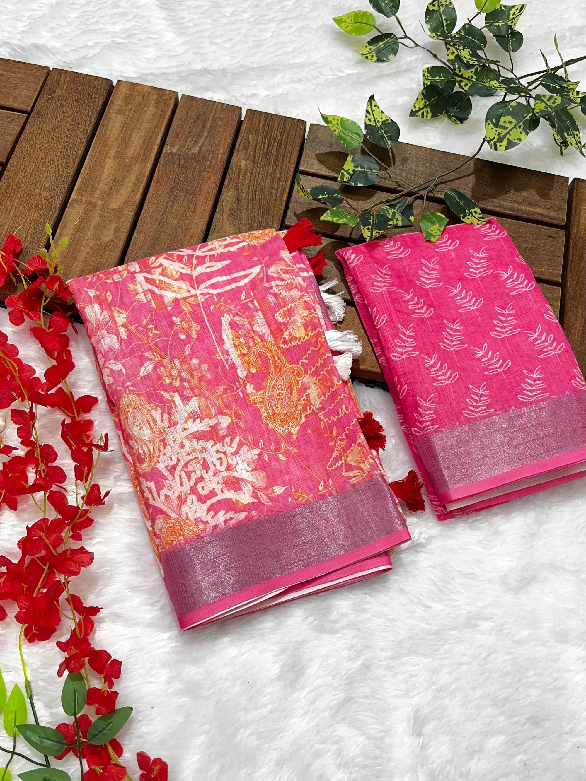 Multicolor Linen Cotton Saree with Floral Digital Prints