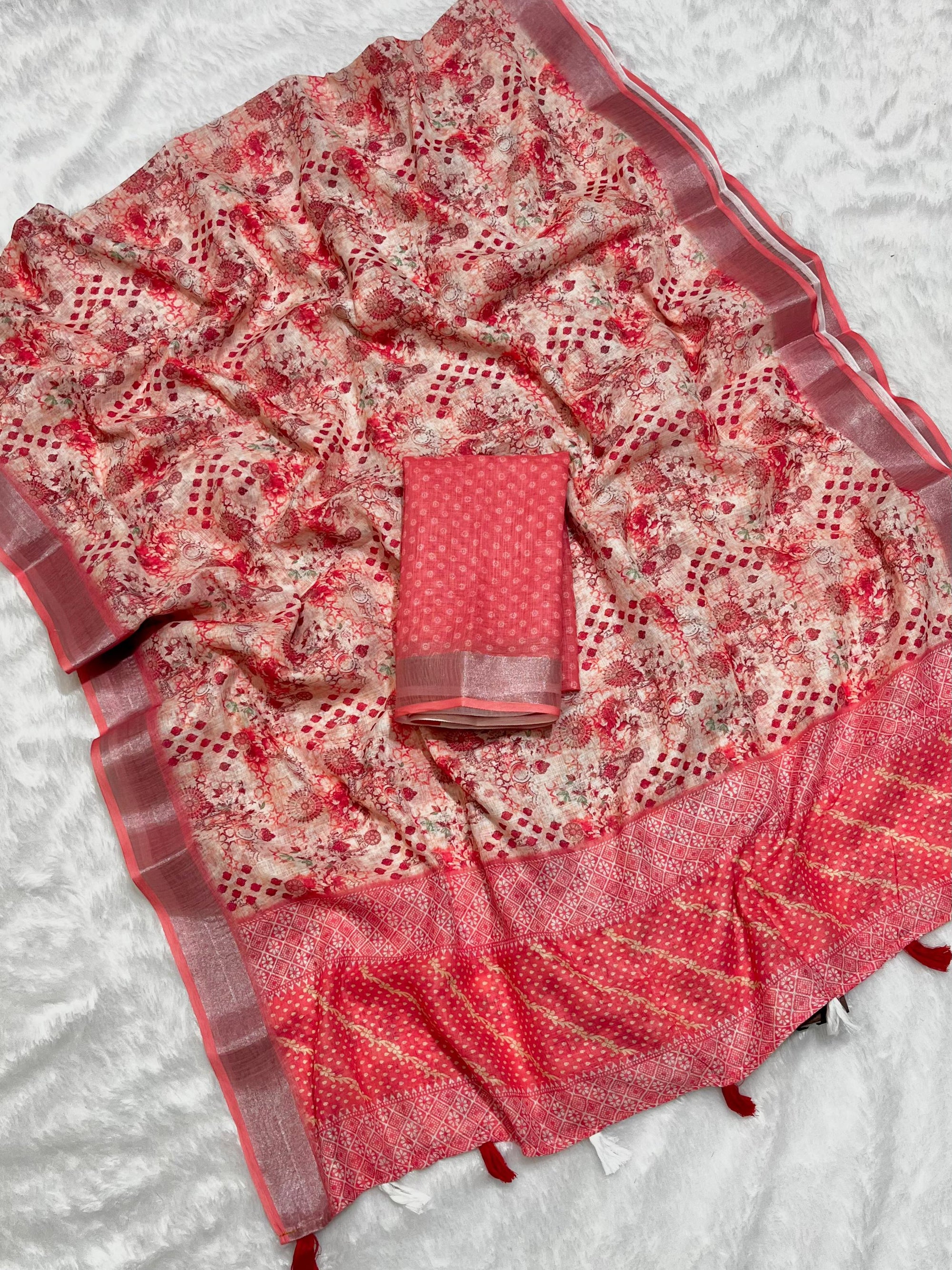 Multicolor Linen Cotton Saree with Floral Digital Prints