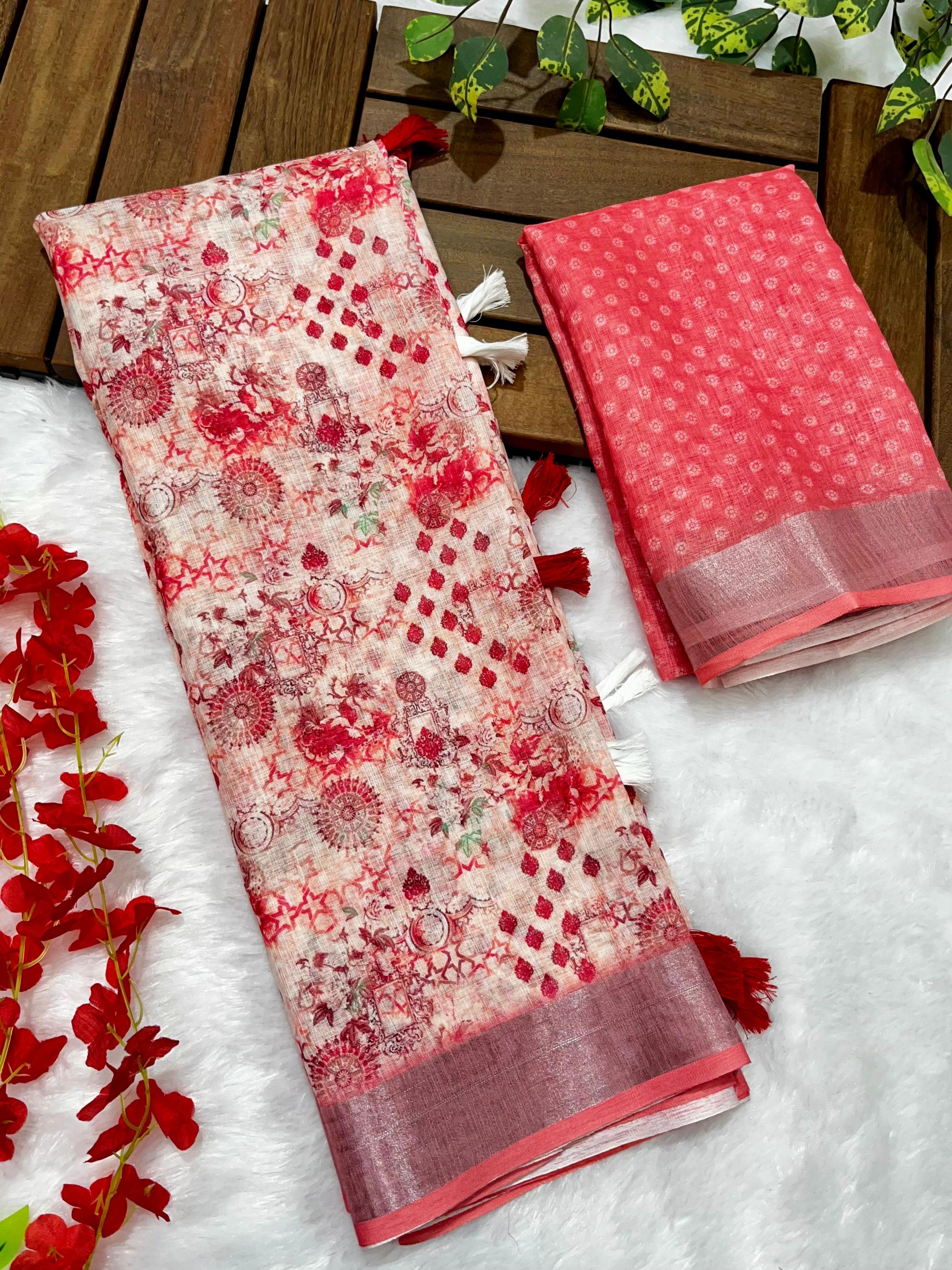 Multicolor Linen Cotton Saree with Floral Digital Prints