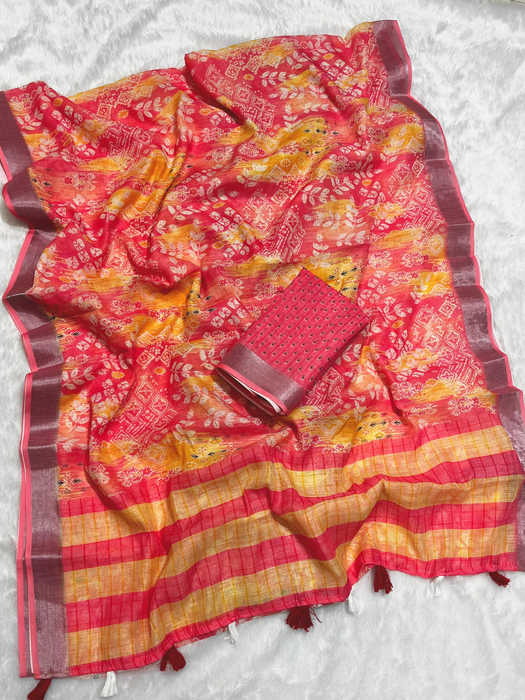 Multicolor Linen Cotton Saree with Floral Digital Prints
