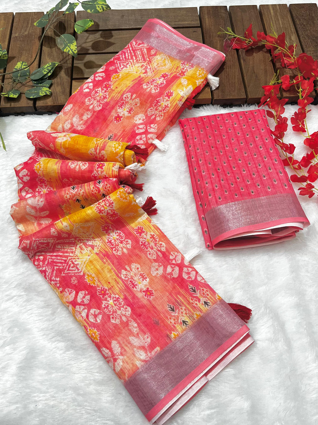 Multicolor Linen Cotton Saree with Floral Digital Prints