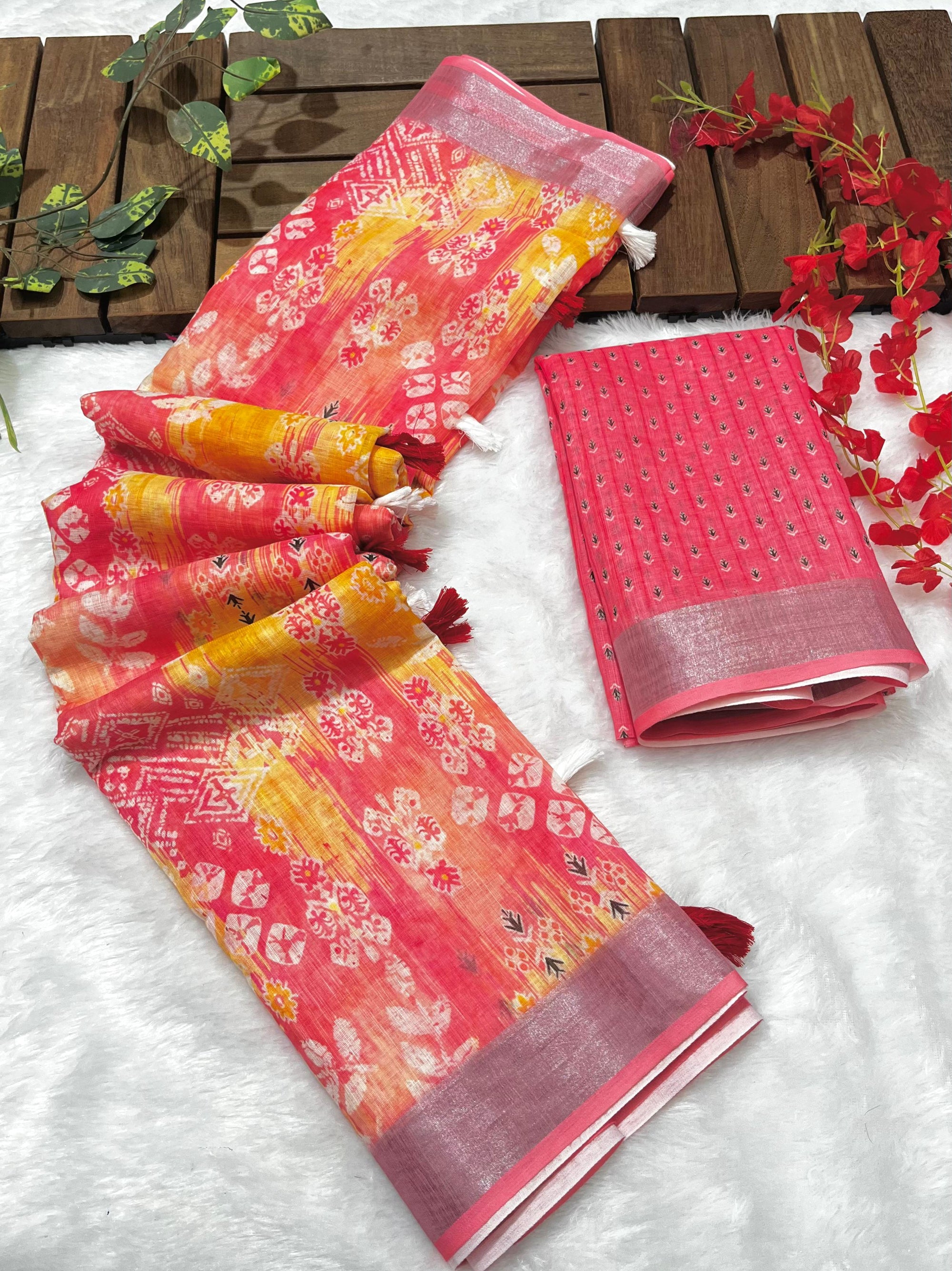Multicolor Linen Cotton Saree with Floral Digital Prints