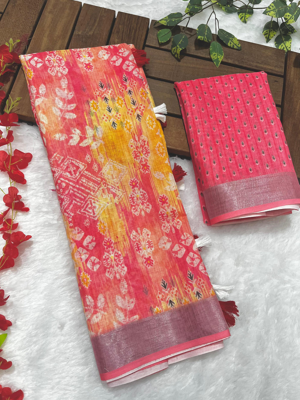 Multicolor Linen Cotton Saree with Floral Digital Prints