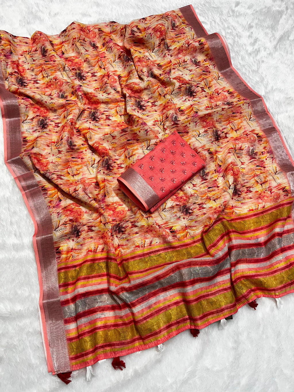 Multicolor Linen Cotton Saree with Floral Digital Prints