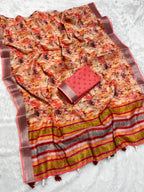 Multicolor Linen Cotton Saree with Floral Digital Prints