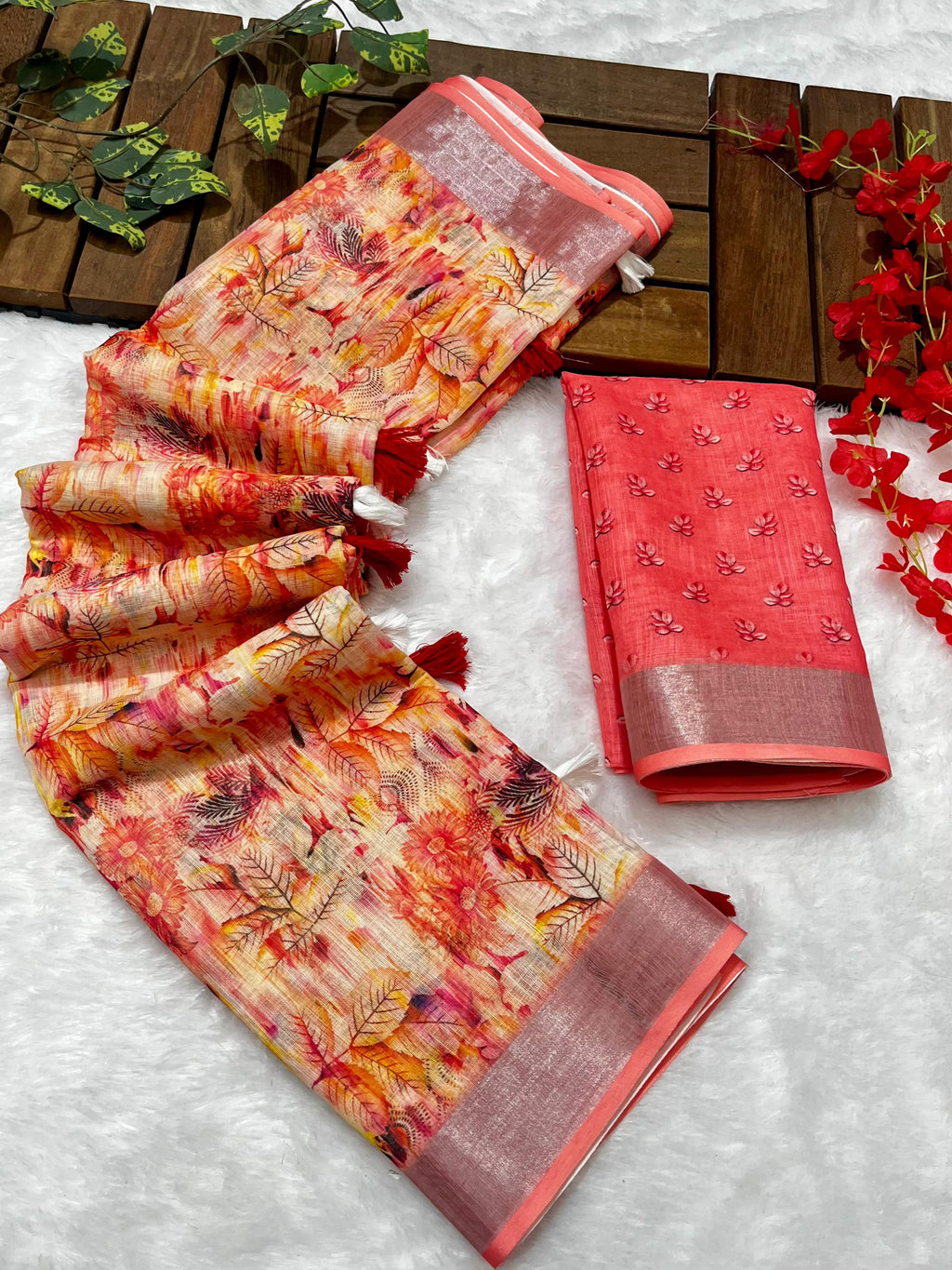 Multicolor Linen Cotton Saree with Floral Digital Prints