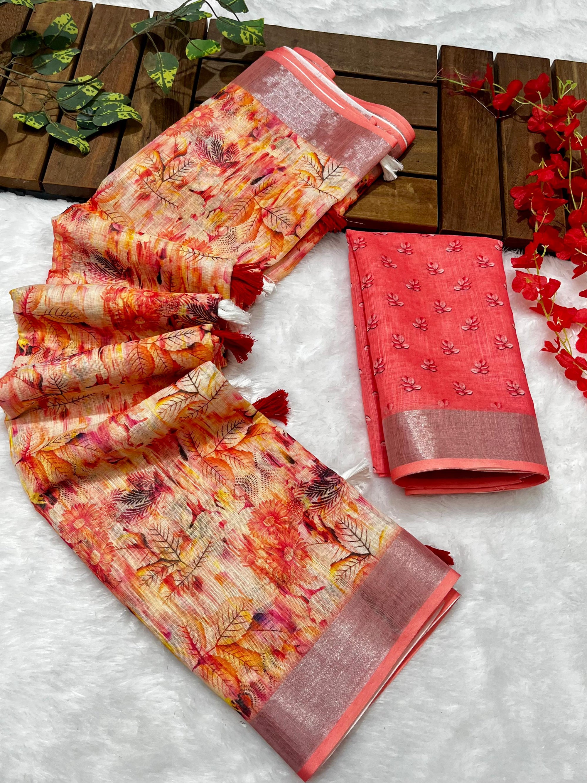 Multicolor Linen Cotton Saree with Floral Digital Prints
