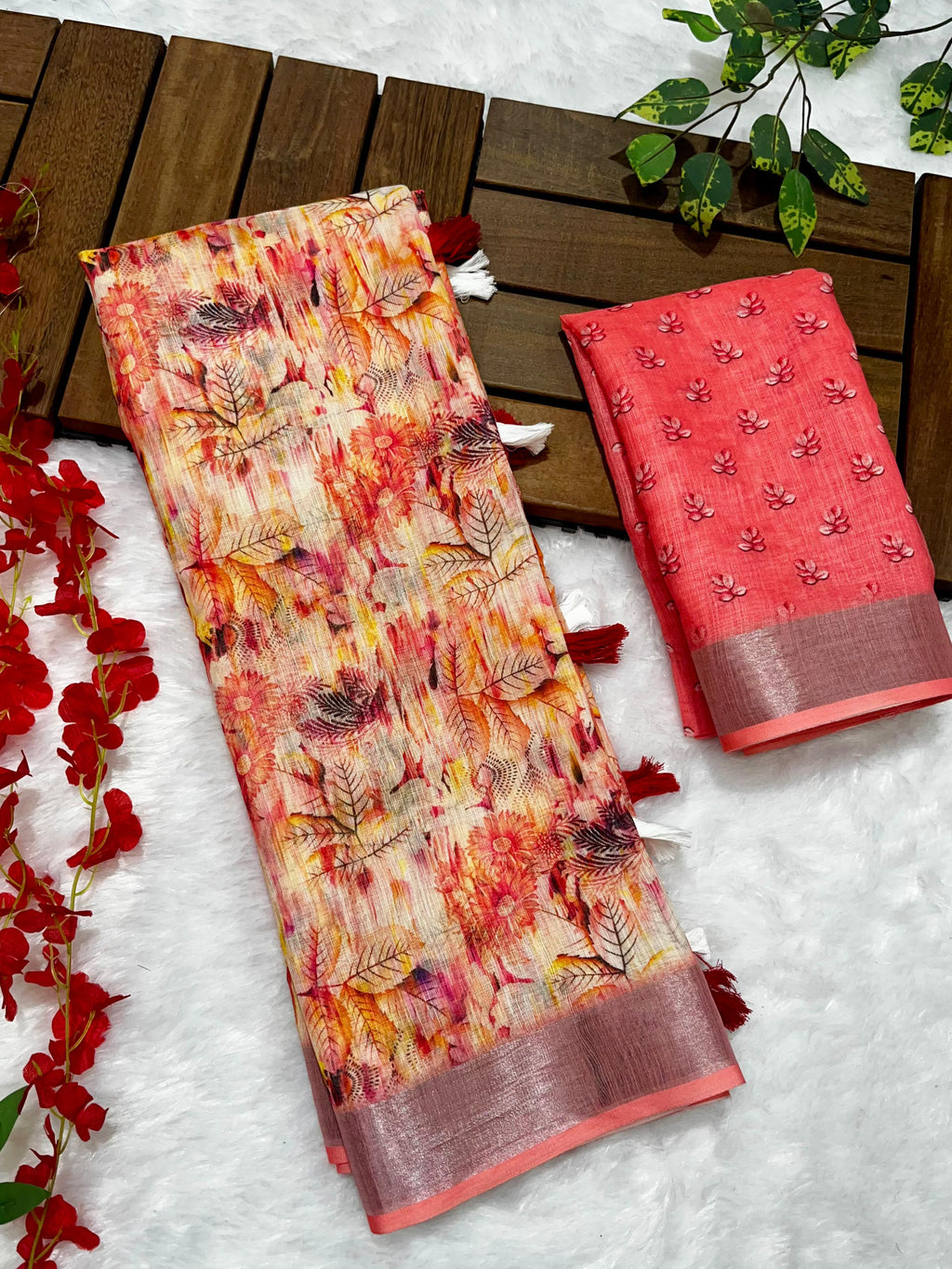 Multicolor Linen Cotton Saree with Floral Digital Prints