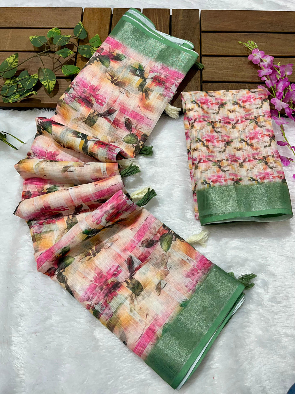 Linen Cotton Saree with Floral Digital Prints