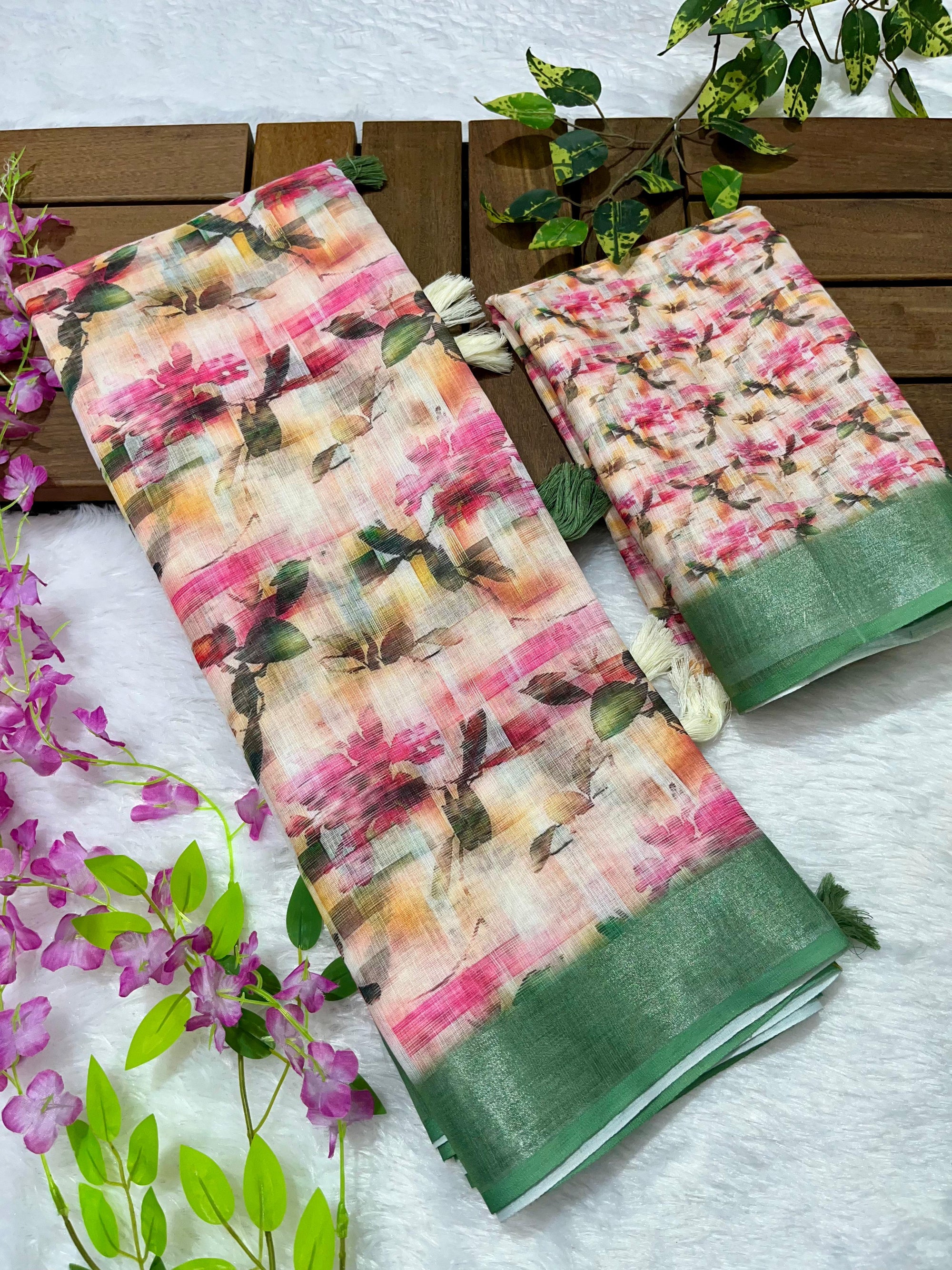 Linen Cotton Saree with Floral Digital Prints
