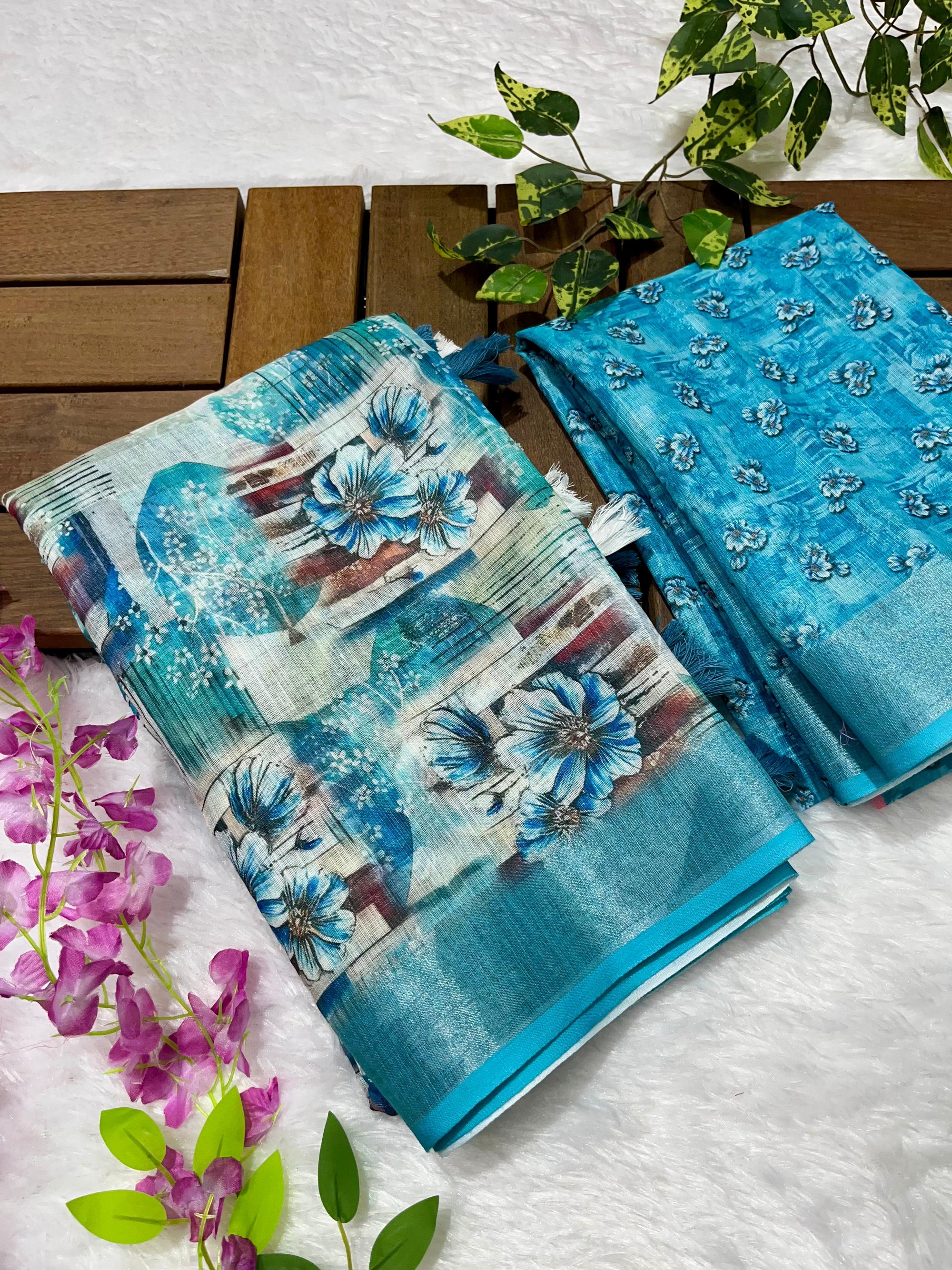 Linen Cotton Saree with Floral Digital Prints