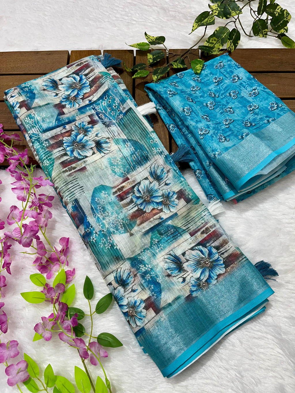 Linen Cotton Saree with Floral Digital Prints