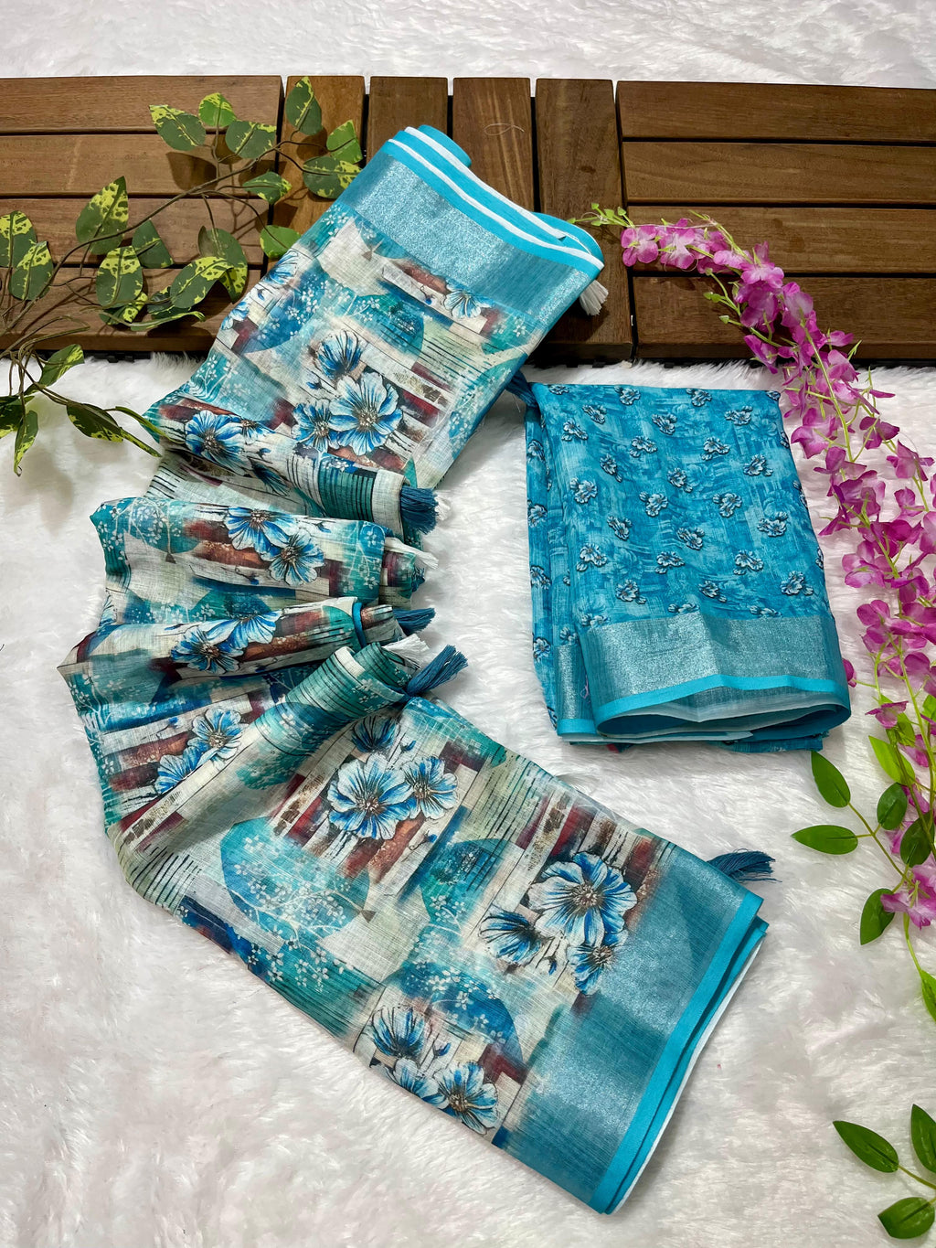Linen Cotton Saree with Floral Digital Prints