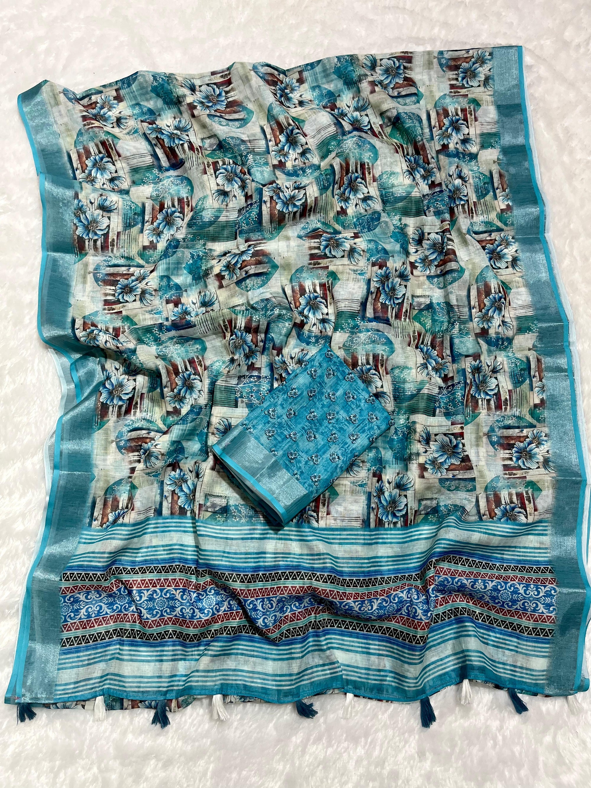 Linen Cotton Saree with Floral Digital Prints