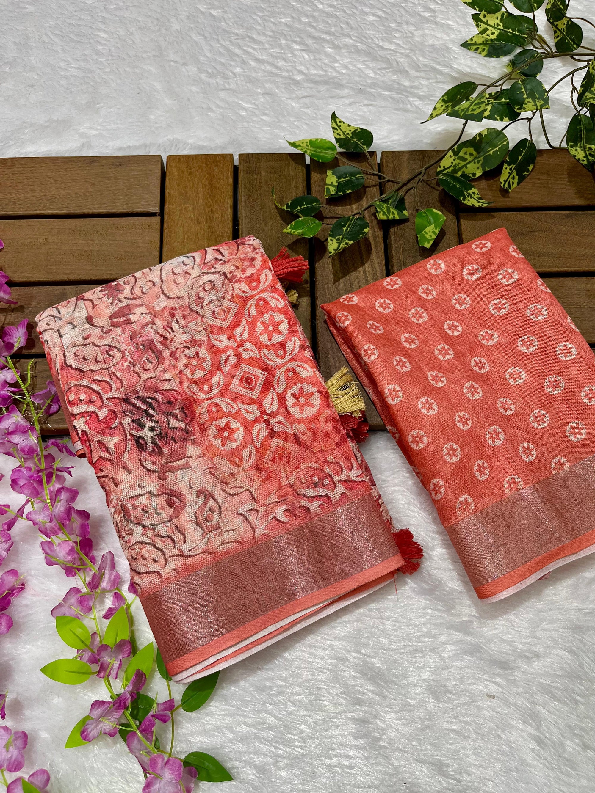 Linen Cotton Saree with Floral Digital Prints