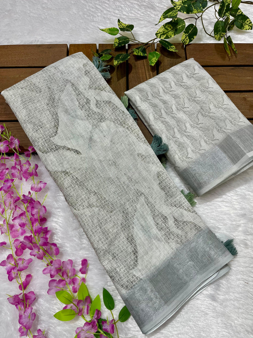 Linen Cotton Saree with Floral Digital Prints